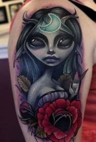 Arm color cartoon mysterious witch with moon flower tattoo pattern