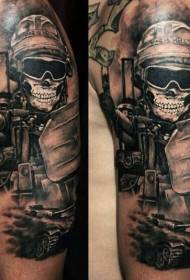 Modern black machine gun soldier tattoo pattern in arm black gray style