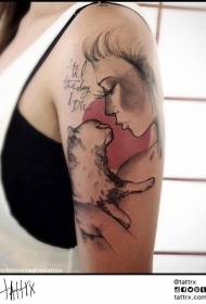 Modello del tatuaggio della lettera del ritratto della donna e del gatto di stile dell'illustrazione del grande braccio