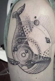 大臂老派黑點鯨魚與太陽系紋身圖案