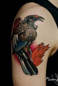 Modello di tatuaggio di uccello e foglia di grande braccio di colore della vecchia scuola