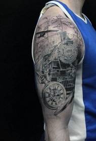 Grouss schwaarz Äschen Lokomotive Auer a Kaart Tattoo Muster