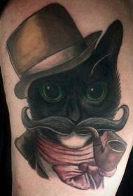 Gatto da gentiluomo di nuova scuola a colori con motivo a tatuaggio a tubo fumante