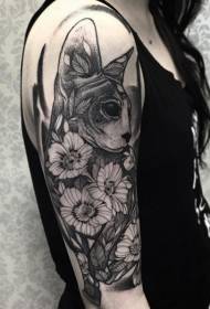 Big arm thorn cat and flower engraving style tattoo pattern