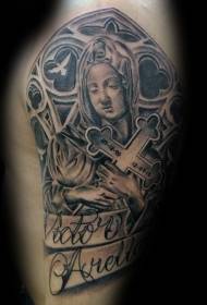 Patrón de tatuaje de cruz y letra de mujer conmemorativa gris negro