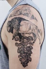 Lielas rokas griešanas stila melnas līnijas govs un koka tetovējums