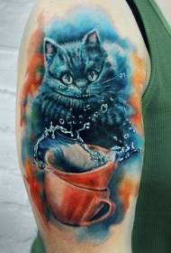 Büyük kol illüstrasyon tarzı renkli fincan cheshire kedisi dövme deseni