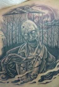 Atgal juodas siaubo stiliaus zombių tatuiruotės raštas miške