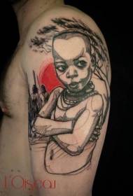 Brustkolora bildstria triba viro kun arbo kaj suno tatuaje ŝablono