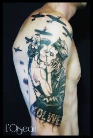 Big arm old school kissing couple and airplane alphabet tattoo pattern