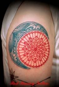 Raudonos saulės ir mėlyno mėnulio mandalos tatuiruotės modelis