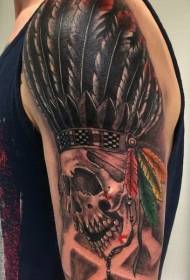 Big arm beautiful colored indian skull with feather helmet tattoo pattern