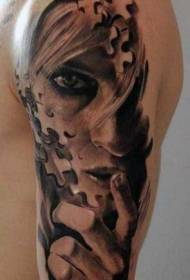 Қару-жарақ жұмбақ қара-сұр стиліндегі тату-сурет үлгісіндегі әйел портреті