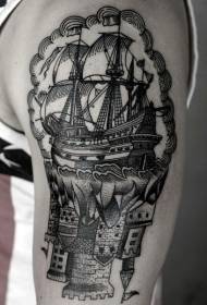 Burvju stila melnas līnijas grebuma stila burvju laiva ar pils tetovējuma modeli