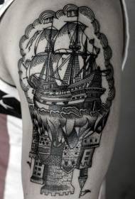 Grouss Aarm Carving Stil schwaarze Streck Segelboot mat Schlass Tattoo Muster