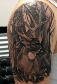 Patrón de tatuaxe de ciervo forestal moi delicado de estilo negro e gris
