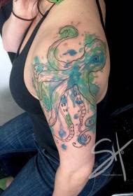 Juokingas žalios ir mėlynos spalvos purškiamo rašalo aštuonkojų tatuiruotės modelis ant peties