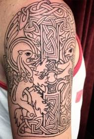 Celtic style black line cross and lion tattoo pattern