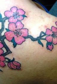 肩膀美麗的粉紅色花朵與樹枝紋身圖案