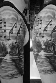 Big arm lonely musician with musical notes landscape tattoo pattern