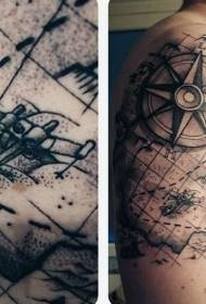 Velika ročna zabavna črno siva zemljevid sveta z vzorcem tatoo kompasa