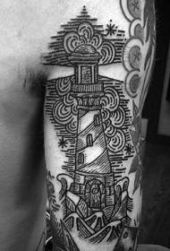 Big arm black line lighthouse and stars tattoo pattern