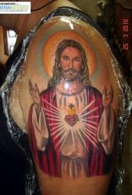 Malaking braso na may kulay na Jesus Sagradong Puso Tattoo Pattern