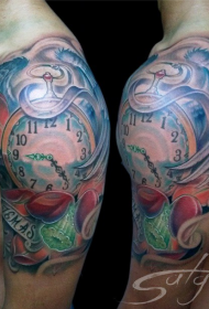 Big arm beautiful illustration style color wings and flowers clock tattoo pattern