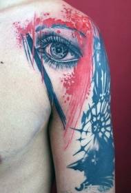 肩膀現實女人的眼睛和黑色與紅色飛濺墨水紋身圖案