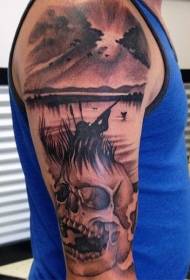 Wawindaji wa mtindo mweusi wa kijivu na muundo wa tattoo ya fuvu