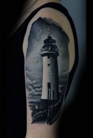 Modello realistico del tatuaggio del faro in bianco e nero del grande braccio