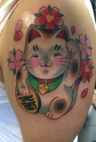 Big arm old school cute lucky cat and pink flower tattoo pattern