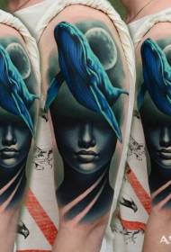 Nuovo modello del tatuaggio del ritratto della balena e della donna di stile tradizionale del grande braccio