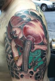 Modello di tatuaggio onda femminile ritratto a colori di vecchia scuola maschile