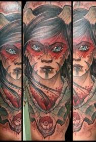 Šiuolaikinė tradicinė pečių velnio moteris su lapų tatuiruotės modeliu