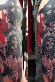 Kryžius ant siaubo kaukolės spalvos tatuiruotės modelio