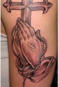 Big arm cross and praying hand tattoo pattern