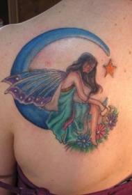 Pige tilbage farvet alf sidder på månen tatovering mønster
