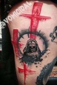 Uewerschenkel rout Kräiz mat Schädel Tattoo Muster