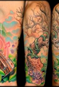 Spalvotas vienišas medis ir gėlės peizažo tatuiruotės modelis
