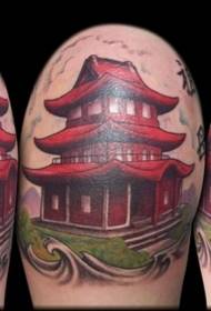 赤い寺院と漢字のタトゥーパターン
