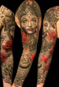 手臂傳統面具女性肖像時鐘玫瑰紋身圖案