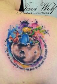 Il piccolo principe nella fata posteriore siede in un modello di tatuaggio del pianeta in stile acquerello