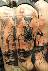Braccio europeo di vecchia scuola con teschio pirata ritratto e scatola di pesce in legno modello di tatuaggio