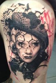 Colored old school retro woman portrait tattoo pattern