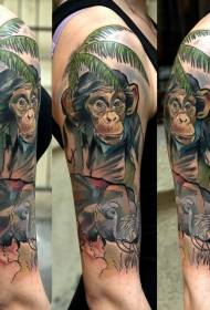 Arm realistic color monkey with palm tree and elephant tattoo pattern