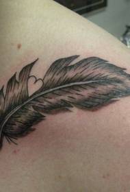 Shoulder black gray feather and heart tattoo pattern