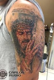 Big arm color jesus with cross tattoo pattern