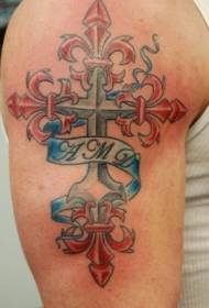 Modello di tatuaggio croce fiore di giglio colorato