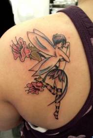 Motif de tatouage de lutin et de fleurs coquine sur l'épaule